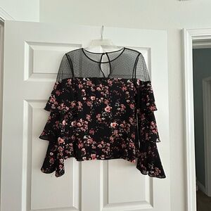 White House Black Market Illusion top bell sleeves floral